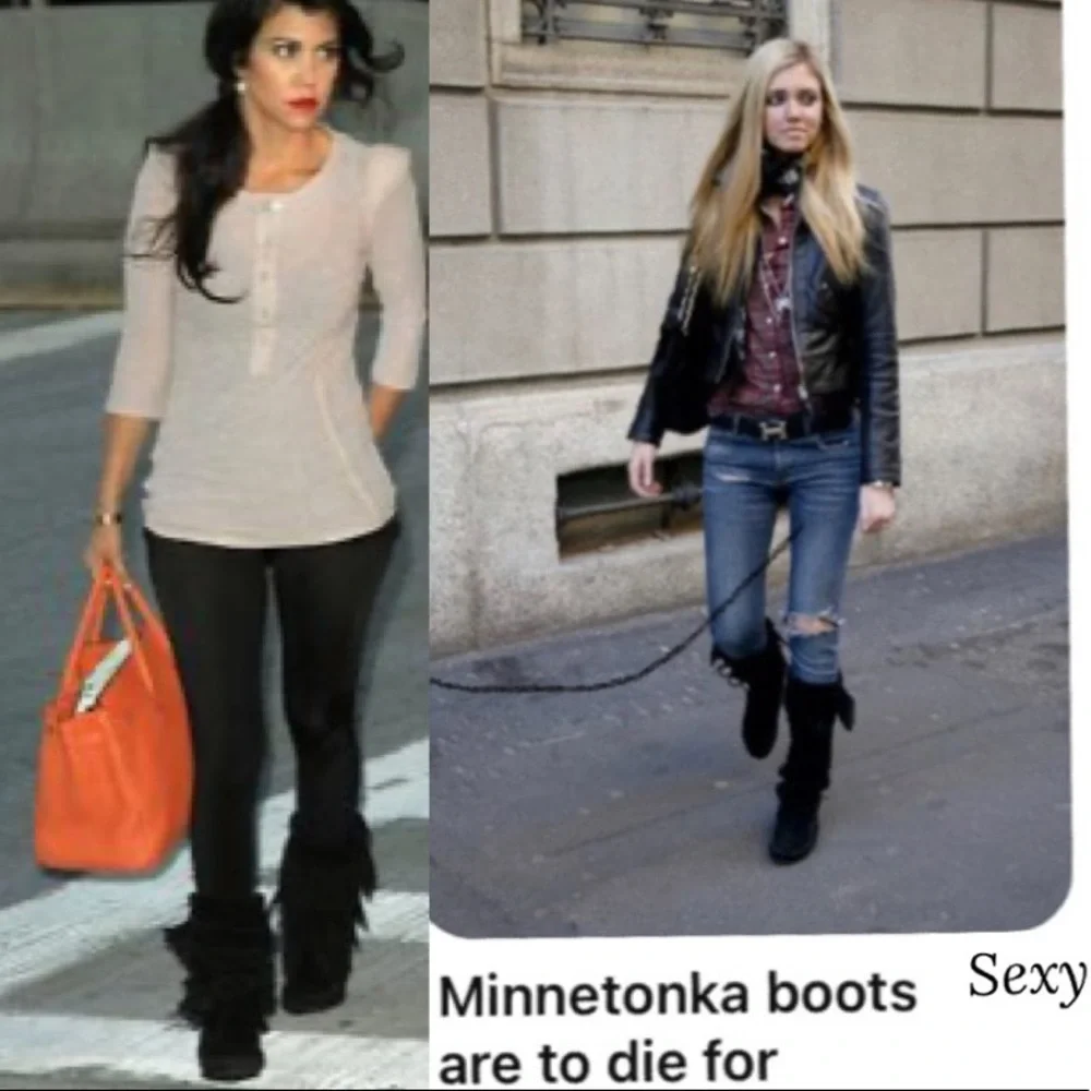Vintage Suede Boots Black Fringe Knee High Tall Y2K Minnetonka Indian Moccasins